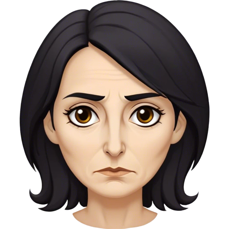 Mirri Maz Duur is a weathered, age 50 woman with deep-set dark eyes, high cheekbones, and a sharp nose, giving her a stern, knowing expression. Her long, unkempt dark hair  falls loosely over her shoulders emoji
