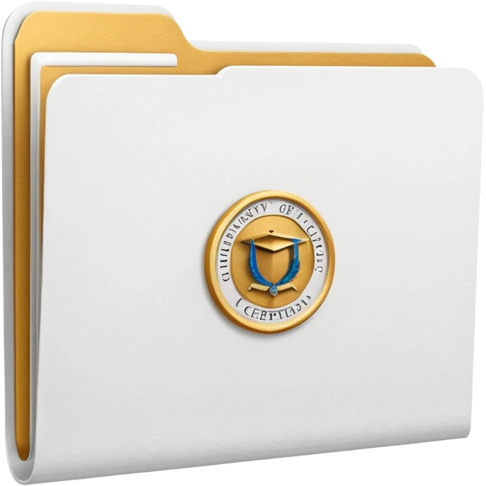 A simple emoji-style icon of a white textured paper folder, clean and formal, with sharp edges, minimal shading, and an embossed university degree/certification seal on the front, conveying academic achievement and official records. white white white  emoji