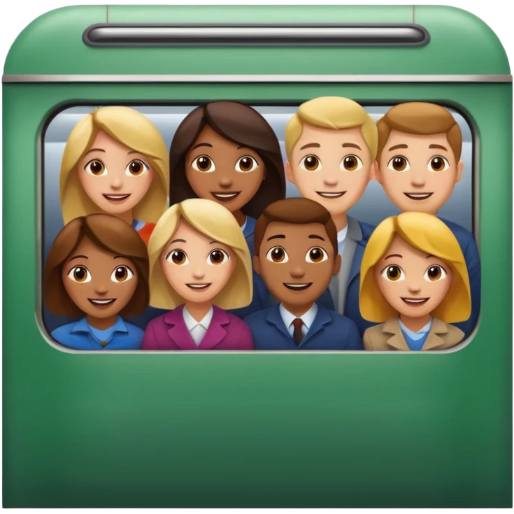 five happy people, mix of women and men, close together inside a subway car resembling Apple emoji subway, Apple emoji style emoji