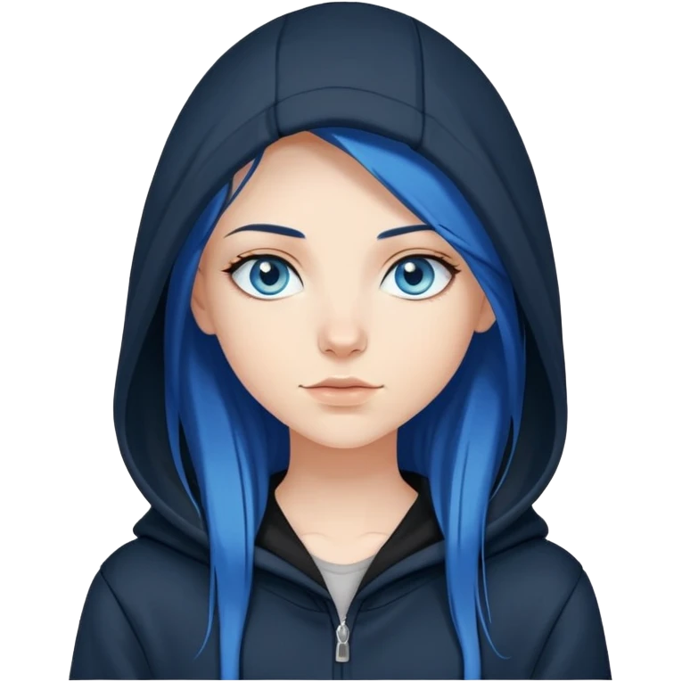 white girl with blue eyes long straight dark blue hair wearing black hoodie with hood off emoji