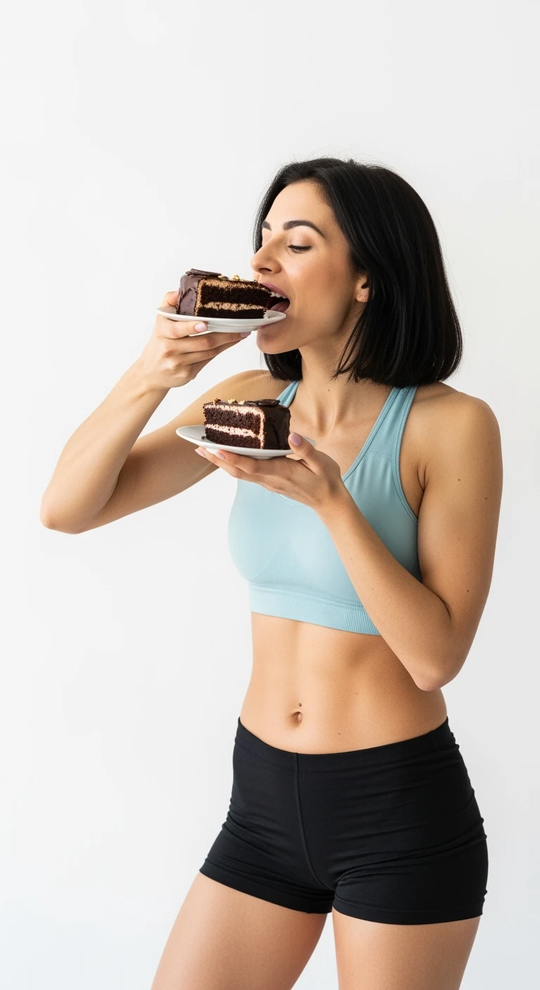 donna fitness con pancetta che mangia due fette di torta affamata, isolata su sfondo bianco emoji