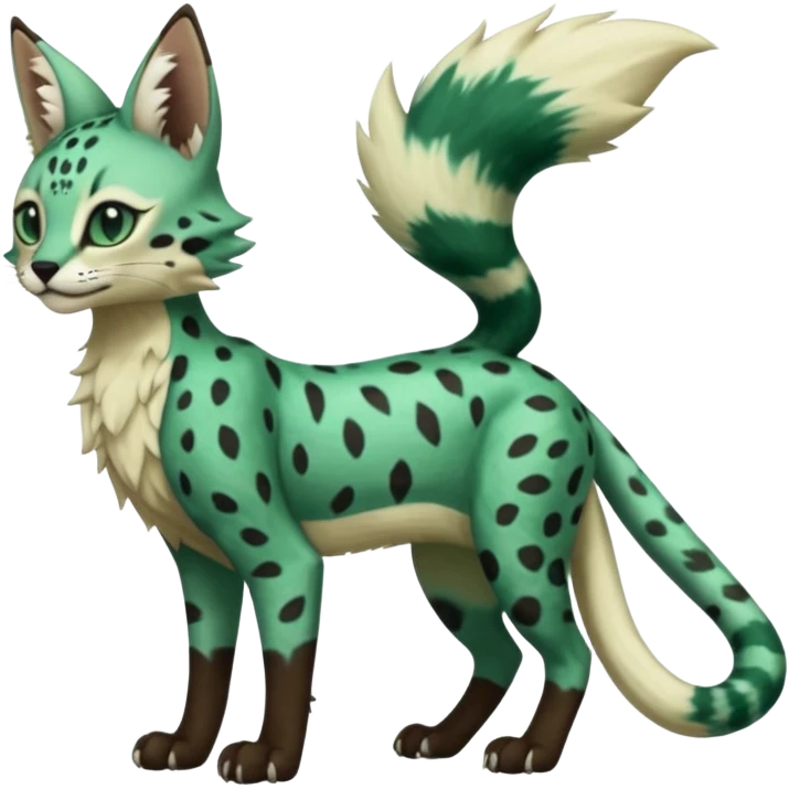 Epic complex detailed dark-emerald-green dark-brown beige pastel realistic aesthetic-scenic-Fakémon-Sprigatito-Floragato-Meowscarada-Trico-Sergal-Serval-Vernid-creature (full body) emoji