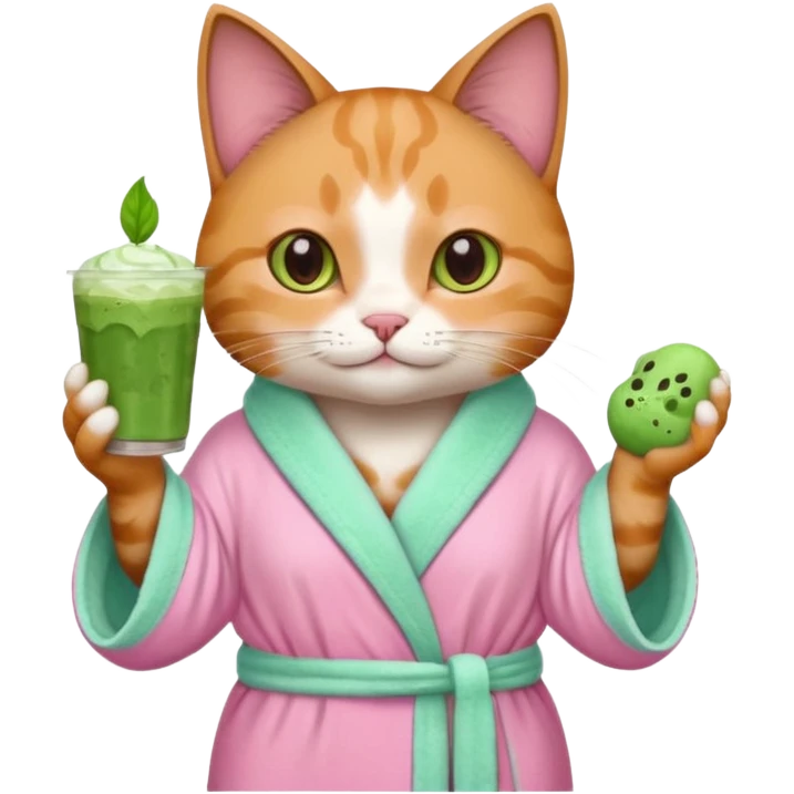 I want a CAT whit a iced macha on her paw and i want her to ne wearing a pink bath rope emoji