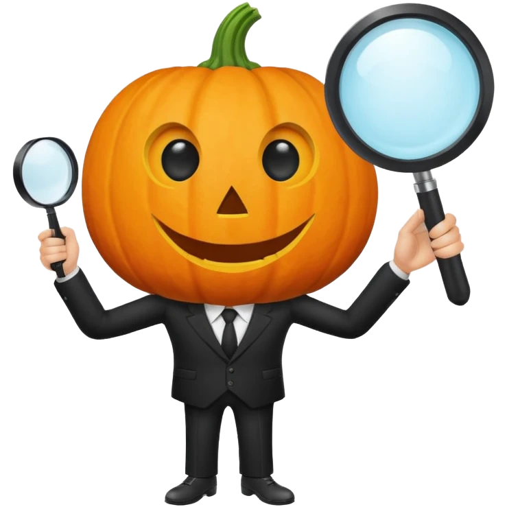 A pumpkin smiling at a magnifying glass (the magnifying glass has a suit thats black, the magnifying glass also has one eye in the middle turn the magnifying glass into a living person give the magnifying glass Normal looking eyes and give it actual arms and legs  emoji