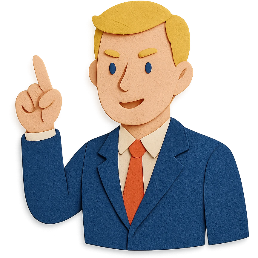 Confident male leader, Caucasian, short neat blonde hair, sharp eyes, indigo jacket, one arm raised gicing direction, waist-up, front-facing emoji