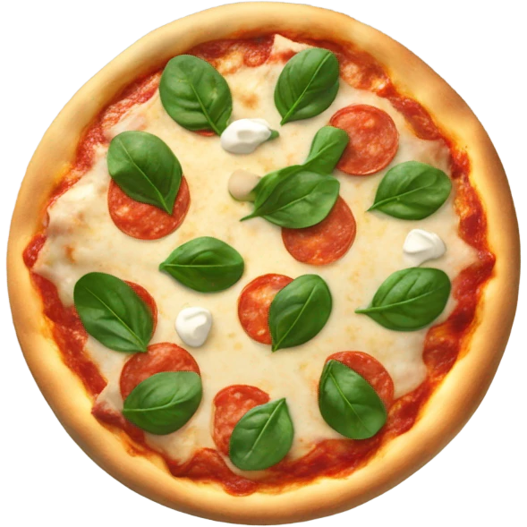 Pizza with mozzarella circles and spinach emoji