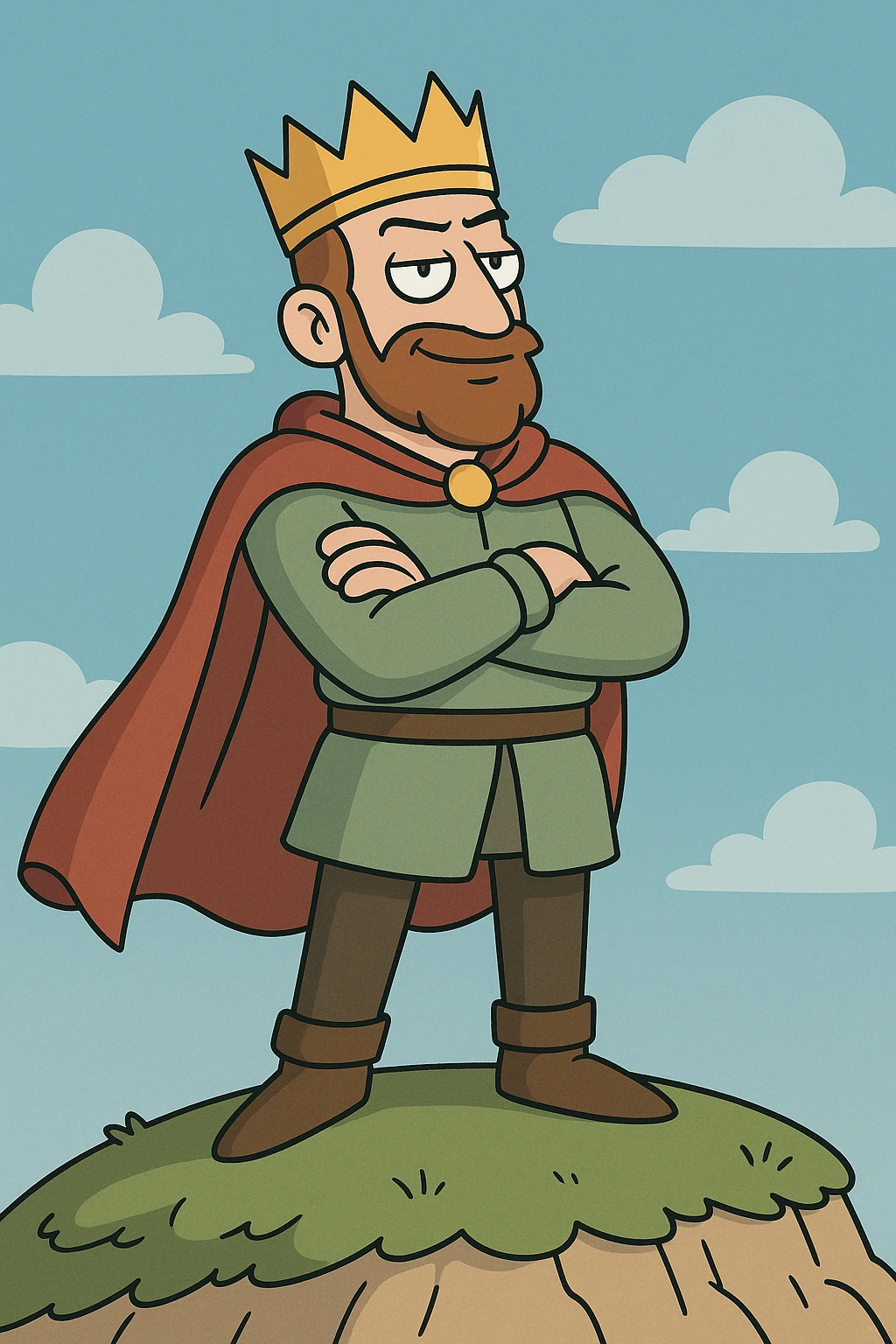 cartoon style, a king with a red cape and golden crown on a hill, arms crossed, confident expression, blue sky emoji