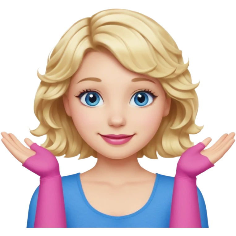 Girl Blonde short wavy hair,  blue eyes, cute blue top, long lashes, pink lips, smiling, making an x with arms  emoji