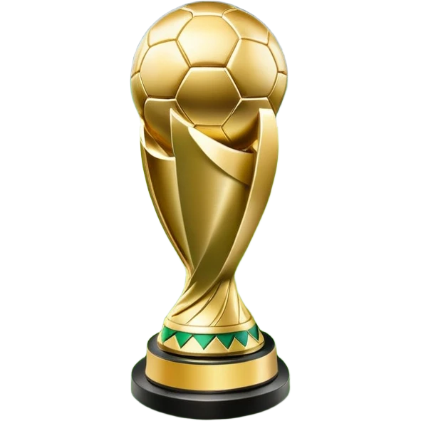 A football resting on the green grass of a soccer field, with goalposts and field markings in the background. In the foreground, the UEFA World Cup trophy gleams, symbolizing the pinnacle of football achievement, adding an element of prestige and competition to the scene. emoji