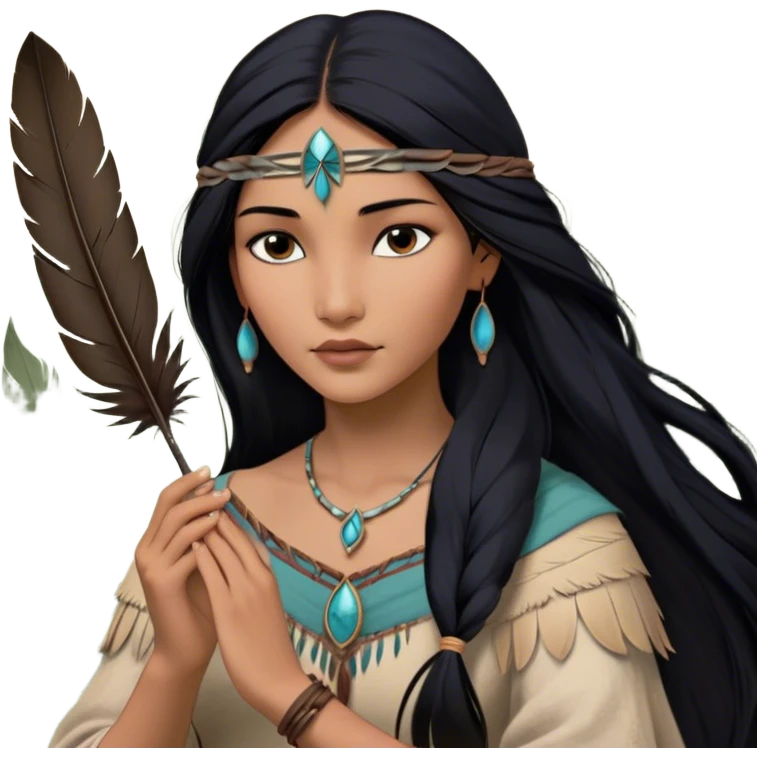 Cinematic Realistic Pocahontas Portrait, depicted with lifelike skin texture, soft natural lighting, and intricately detailed long, flowing raven-black hair that moves gracefully in the wind. Her deep, soulful dark brown eyes exude wisdom and strength, complemented by a serene yet powerful expression. She is shown gently holding a feather in one hand, her other hand resting lightly at her side, embodying the harmonious balance between nature and herself. She is dressed in her classic one-shoulder native American dress, with rich fabric textures and delicate beaded details that catch the light beautifully. The portrait features a soft, sun-kissed glow with a natural, radiant finish, capturing the essence of untamed beauty and deep connection to nature in a realistic and painterly style, evoking a sense of depth and authenticity. emoji