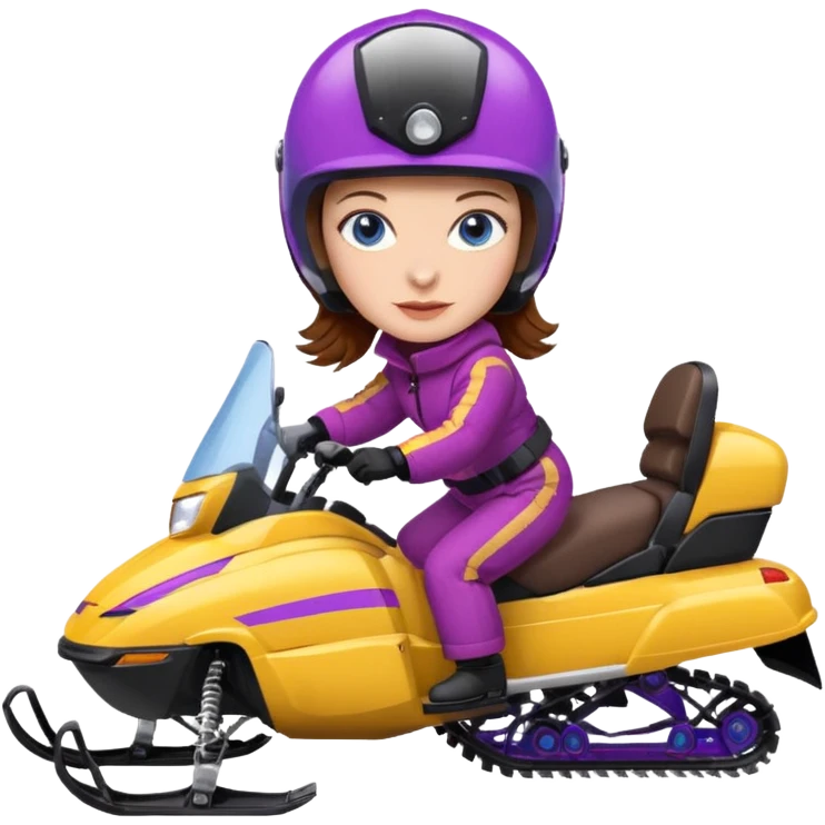 Brown hair, very blue eyes, Woman wearing red coat  on purple and yellow striped snowmobile emoji