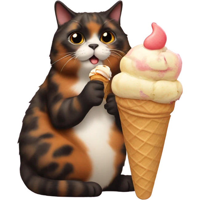 Fat Tortishell cat eating ice cream emoji