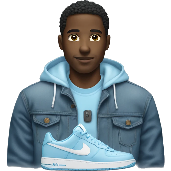 Make a black man whit a polo hoddie and light blue jean and Nike air emoji
