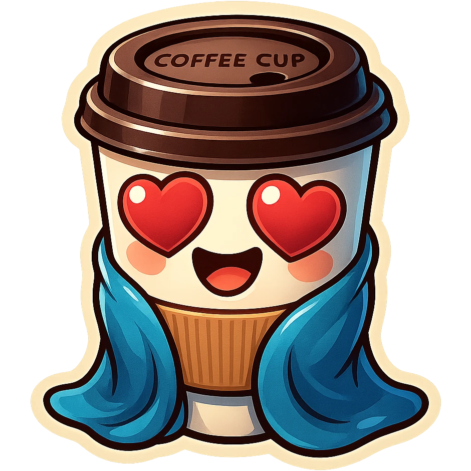 Ink wash style, coffee cup creature, big heart eyes, dopey smile emoji