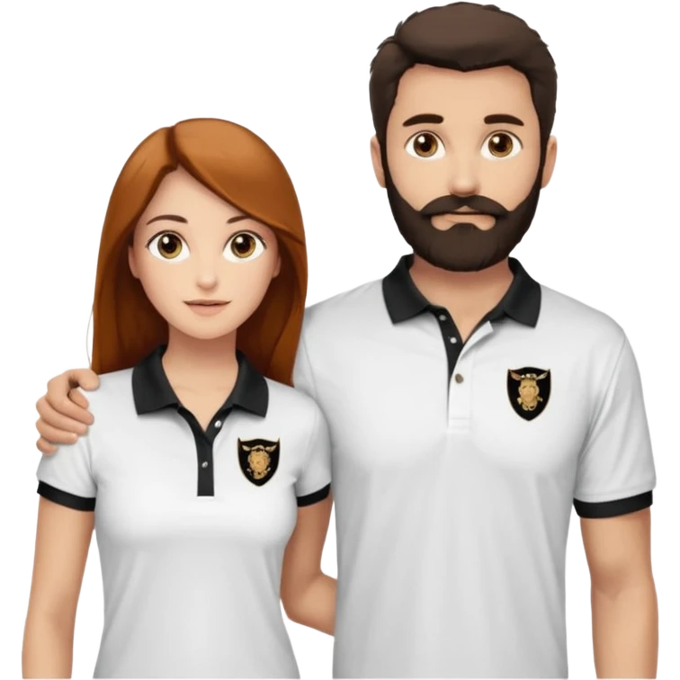 Criar Casal - Homem branco de cabelo liso e olhos marrom, com barba, expressão séria usando camiseta polo preta e mulher de pele branca cabelo cacheado marrom longo e olhos mel, usando uma regata branca, quero ela sorrindo emoji