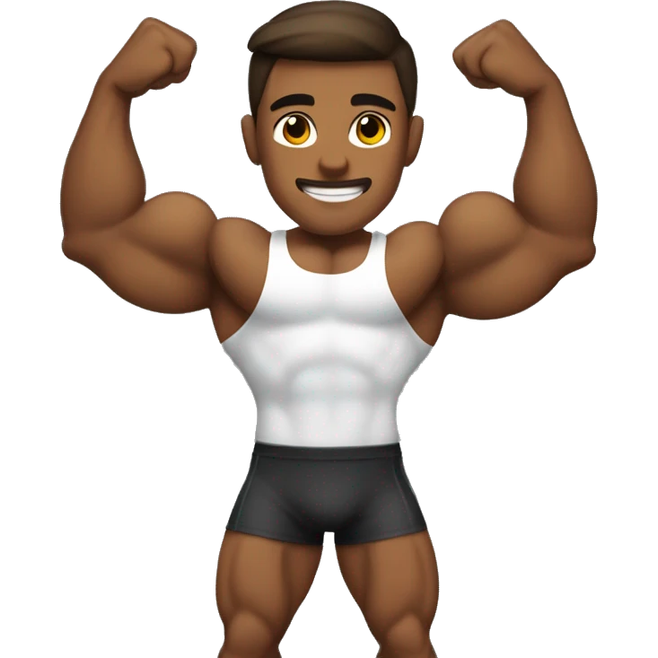 Bodybuilder with a brown tan, dark slick back hair, flexing his biceps emoji