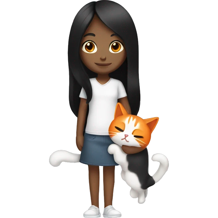 long black hair girl holding a white and orange cat. emoji