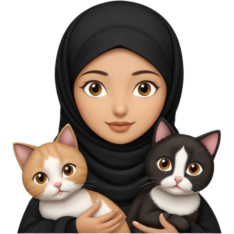 A Arabic woman human with brown eyes and black hijab. , the human is a human, she carry two cat is black and white and the other cath is black and white,,  NO EARS ON THE HUMAN ,  emoji