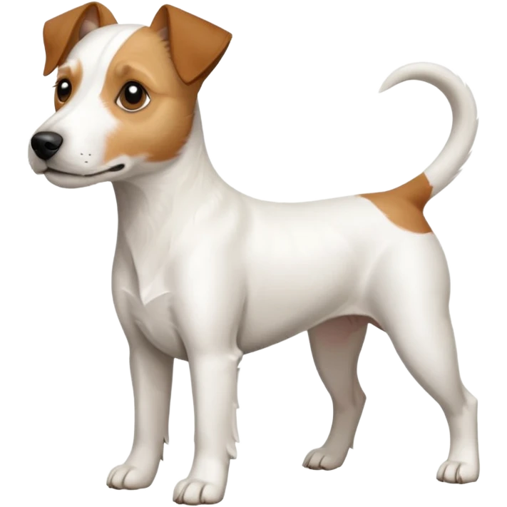 a full body white parson russell looking dog the size of a kelpie with light brown ears and a light brown patch on one eye and a large snout emoji