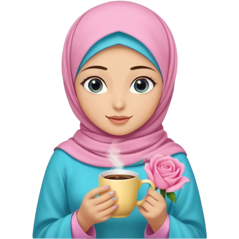 Turkish beautiful finish Konya three girls blue eyes with pink rose and turkis butter yellow hijab islamic dress and had on her hand turkish coffee   emoji