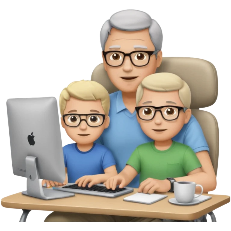 Middle aged man with glasses working at his desk, with his child sitting behind him on the head rest of his chair looking at his computer emoji