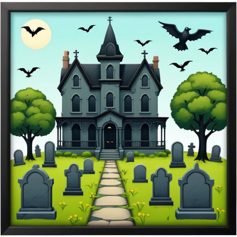 Adams Family style horror overgrown Haunting graveyard field Victorian mansion  emoji