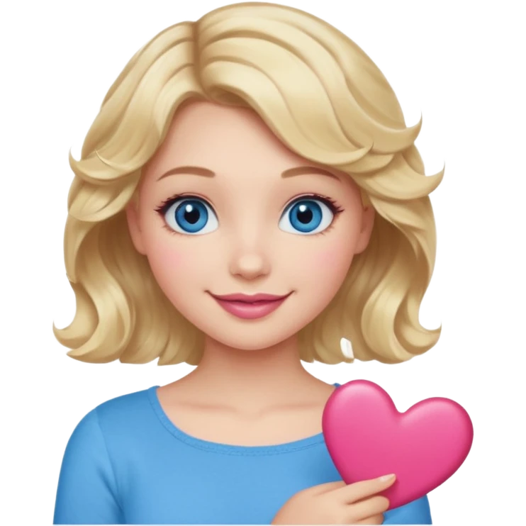 Girl Blonde short wavy hair,  blue eyes, cute blue top, long lashes, pink lips, smiling, holding hearts emoji