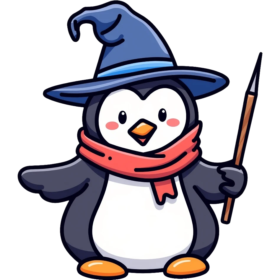 Penguin dressed as a wizard with a magical wand and pointy wizard hat emoji