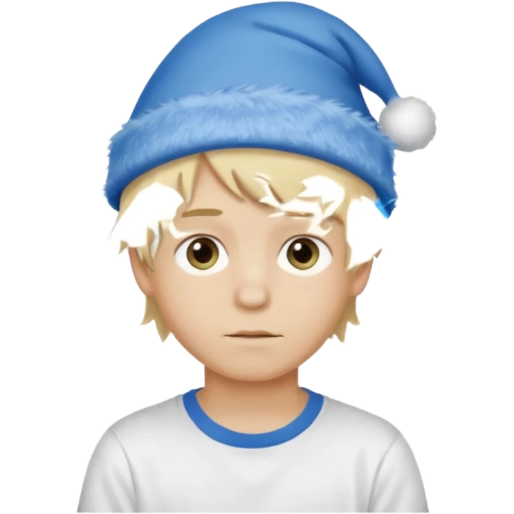 create boy blonde hair long messy, light eyes, white t shirt, rich, long hair, eyes blue, acessory head cristimas blue hat, fluffy hair medium long hair emoji