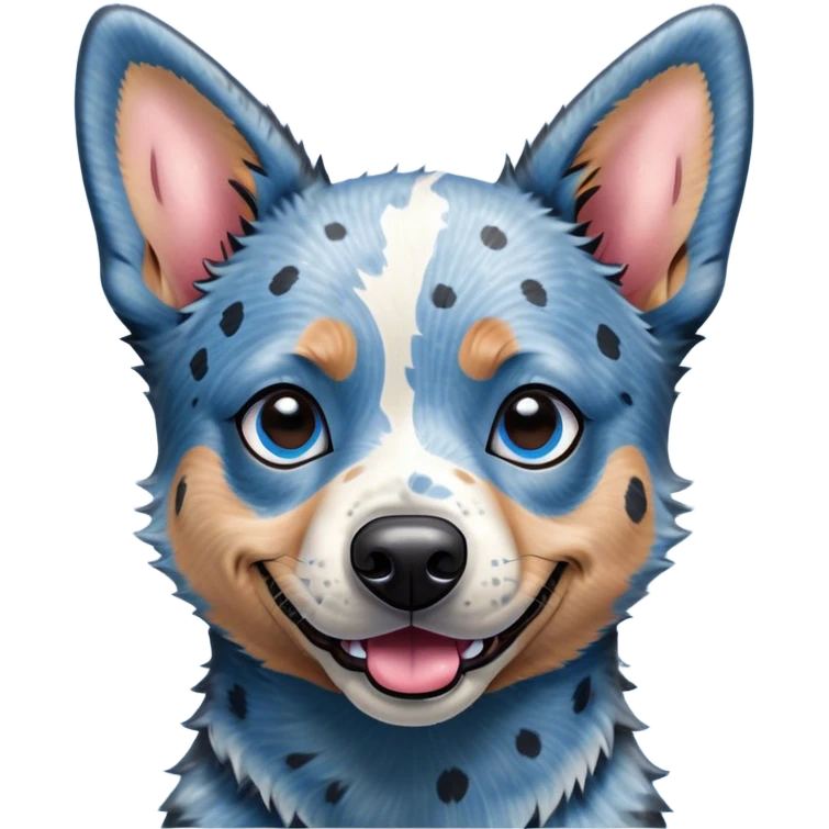 Cinematic Comical Blue Speckle Australian Cattle Dog Portrait Emoji, Head tilted dramatically with an exaggeratedly amused expression, featuring a striking blue speckle Fur with bold patterns, wide, expressive blue eyes filled with playful disbelief, Simplified yet hilariously expressive features, highly detailed, glowing with a slightly sassy glow, high shine, dramatic yet playful, stylized with an air of cheeky charm, bright and endearing, soft glowing outline, capturing the essence of a spirited and over-the-top herder, so meme-worthy it feels like it could side-eye its way into internet fame instantly! emoji