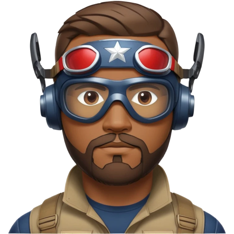 sam wilson with very short hair, close to the scalp and  a well-groomed beard that connects to his mustache,  wear sleek, red-tinted tactical goggles fit snugly from captain america: civil war emoji
