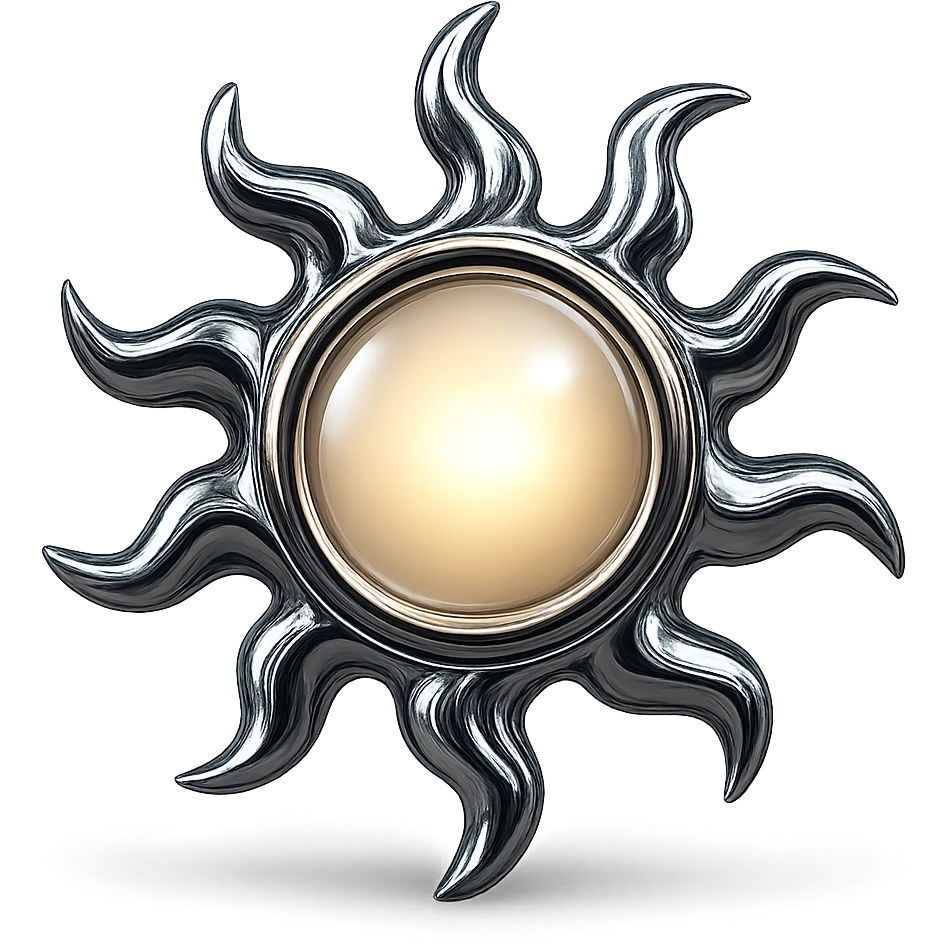 stylized chrome sun with swirling rays and a glowing center, futuristic and shiny emoji