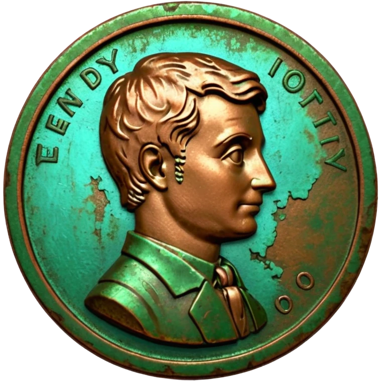 3D render of Old Penny, heavily oxidized copper texture, verdigris patina, Brown coin turning green on edges, weathered bronze aesthetic, ancient decay, Apple emoji style, isolated on white background --v 6.0. emoji