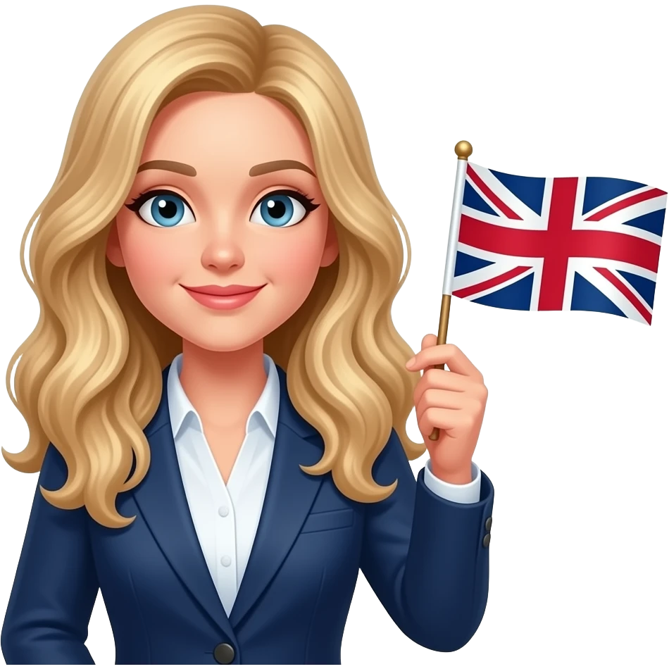 a teacher with long wavy blond hair with the british flag in the right hand emoji