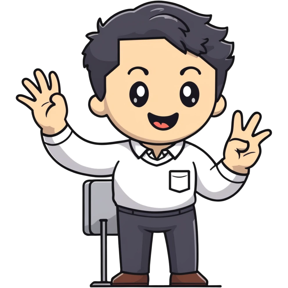 Management educator with black wavy hair, stubble, strong features, white skin, smart casual attire, gesturing while giving a business presentation, enthusiastic teaching expression emoji