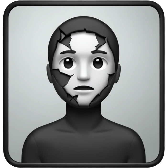Minimalist emoji-style sticker of a person standing in front of a cracked mirror. The mirror shows a dark shadowy silhouette or distorted figure instead of a reflection. Flat black and white design with muted gray tones. No text. Bold, clean lines. Square composition. No shading or gradients. emoji
