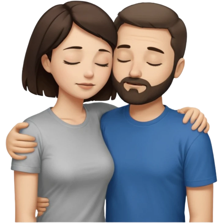 draw a man and a woman hugging each other passionately. looking toward each other. woman has short hair. man has short hair and beard. draw them with closed eyes. woman has dark brown hair. and man has light brown. make them both wearing t shirts. make them look a bit more desirous. emoji