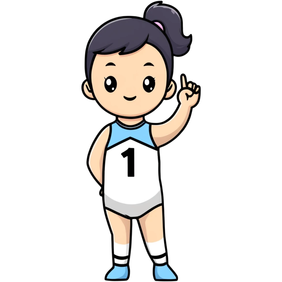 Girl in leotard holding number 1 emoji