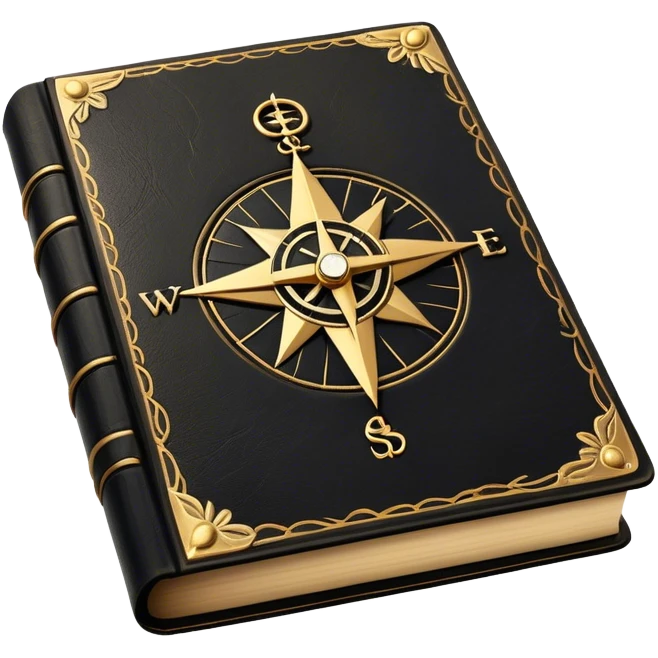A black and gold book with an aged leather texture, embossed with an alchemical symbol, a compass, silhouette hand, exuding wisdom, mastery, and the relentless pursuit of greatness. - book on mastery  emoji