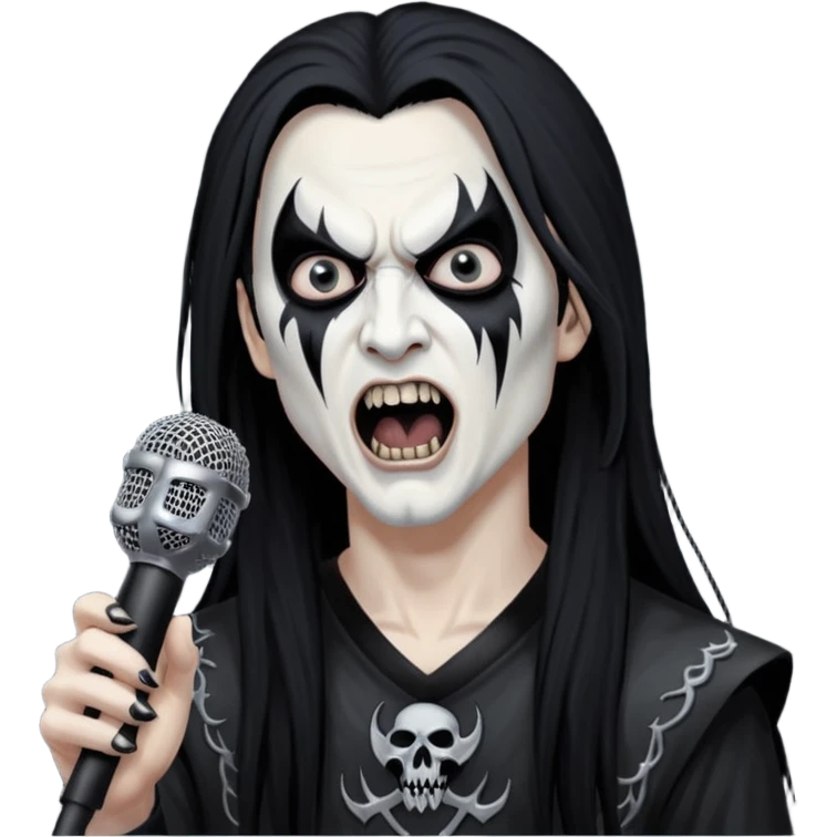 Black metal musician with corpse paint, long hair, screaming with mirophone emoji