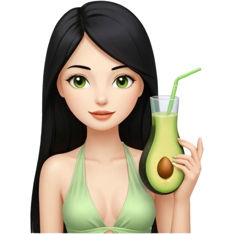 Long black hair with no bangs, very straight hair, pretty face. Wearing white plain halter top. Blushed cheeks, long lashes, nude glossy lips. One eyes with wink. One hand with avocado juice. emoji