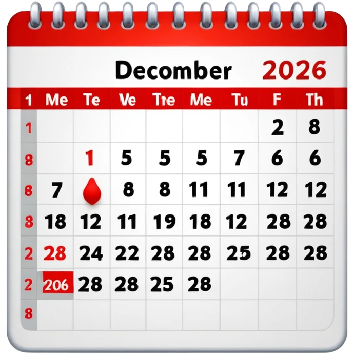 create a calendar for december 2026 , monday comes first day of the week and highlight with red 15-28 december emoji