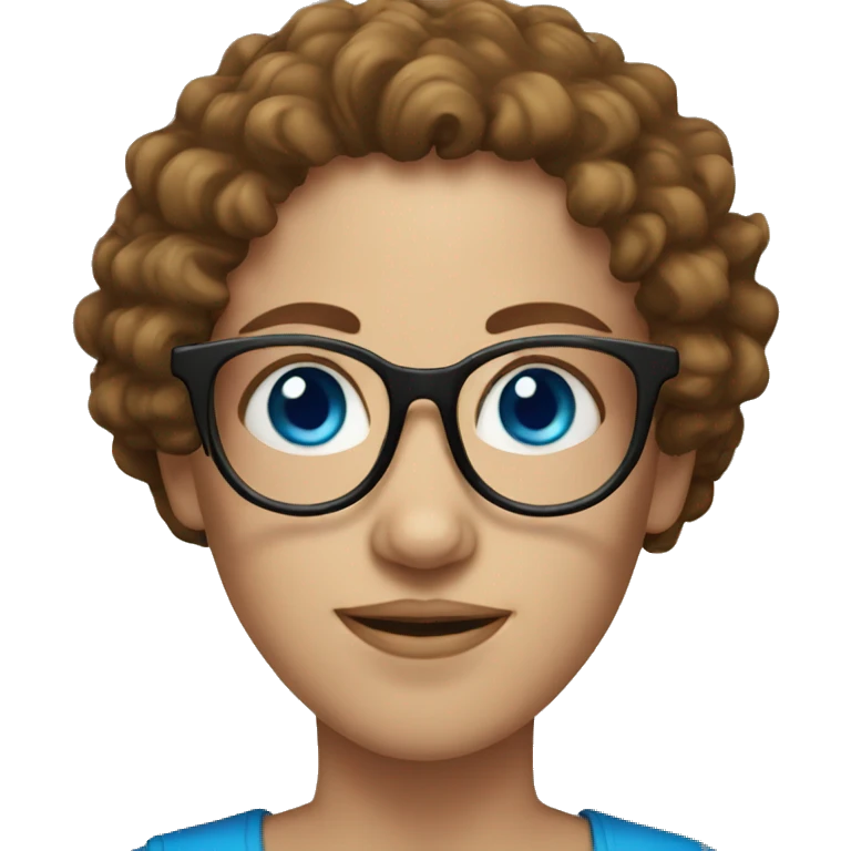 Face with blue eyes, female with curly brown hair, black glasses emoji
