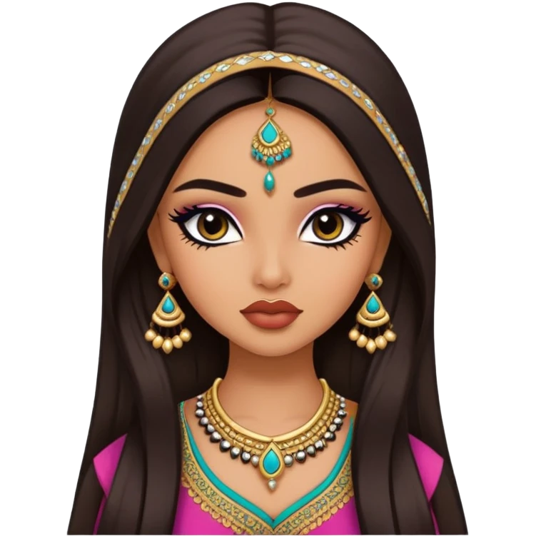  pretty lips, desi clothes, medium skin,  long hair, pretty bratz baddie, black eyeliner emoji