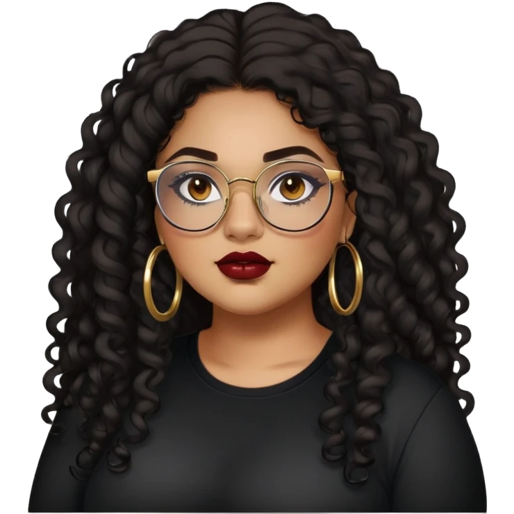 teen big plus size, latina, darker tan skin, gold hoops, long black curly hair, baddie,pretty, makeup, dark red lipgloss, black eyeliner, long hair, black shirt, BLACK glasses emoji