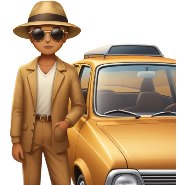 A parked car rests on the side of a long with a person outside , empty road stretching toward a golden sunset. The sky glows with warm colors, and the landscape ahead feels open, peaceful, and full of promise. love  emoji