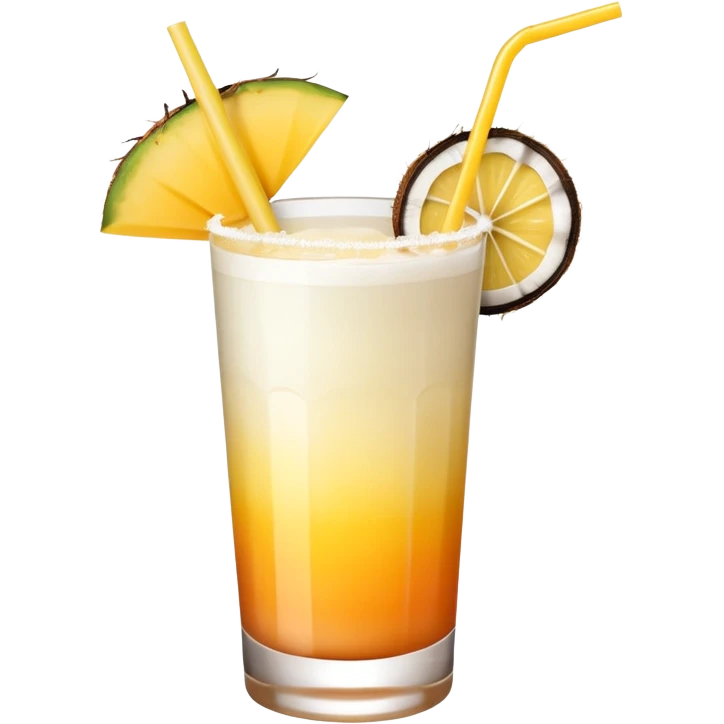 A beautiful cocktail with a creamy white to orange gradient, containing coconut juice and mango, reminiscent of summer. Above, there are tropical flowers, lemon slices, and straws. emoji