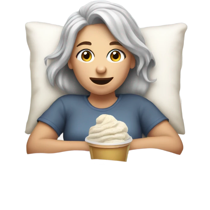 a caucasian gray hair girl laying in bed while watching tv and eating icecream emoji