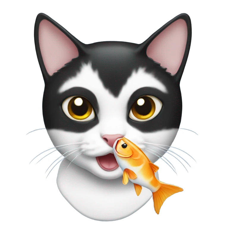 Tuxedo cat holding a fish in mouth emoji