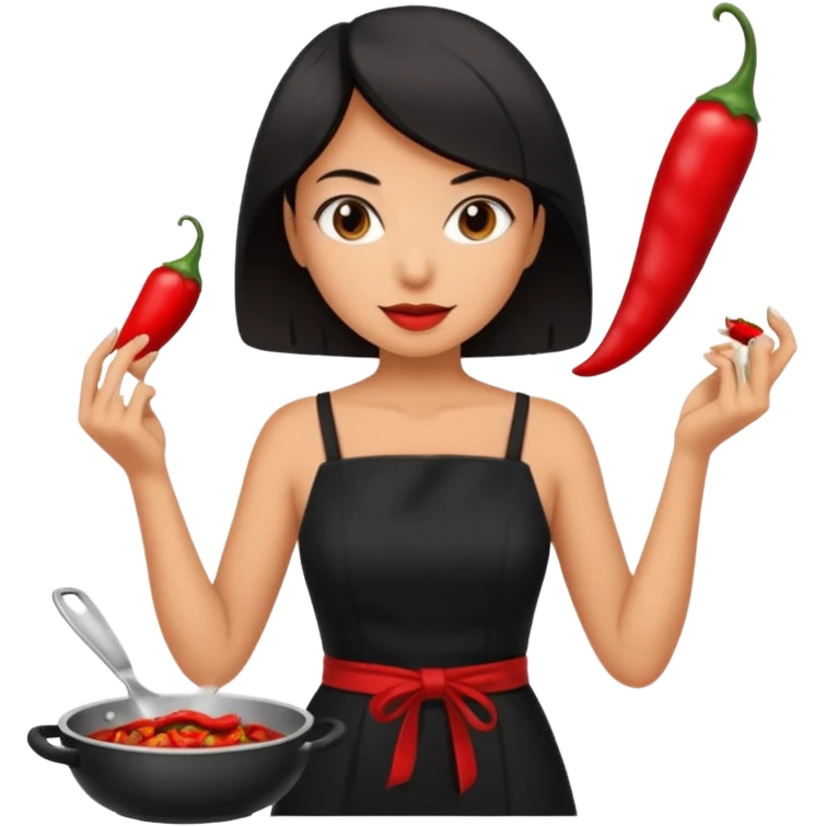 black short shoulder length hair tanned woman, black dress cooking, holding chili pepper emoji